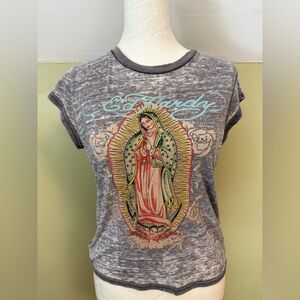 Ed Hardy Mary Burnout Cap Sleeve Cropped Tee